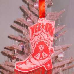 Yeehaw Cowgirl Boot Christmas Stocking With Gold Fringe - thumbnail 2