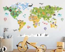 Colorful World Map Wall Sticker - Animal Decal For Living Room Decor Unique Art