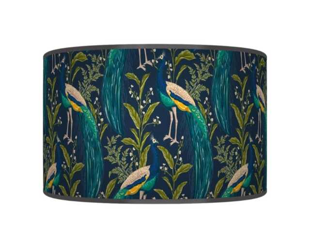 Navy Blue & Turquoise Lampshade - Handmade Peacock Print Drum Pendant Light Statement Ceiling Shade For Living Room Or Bedroom - image 1