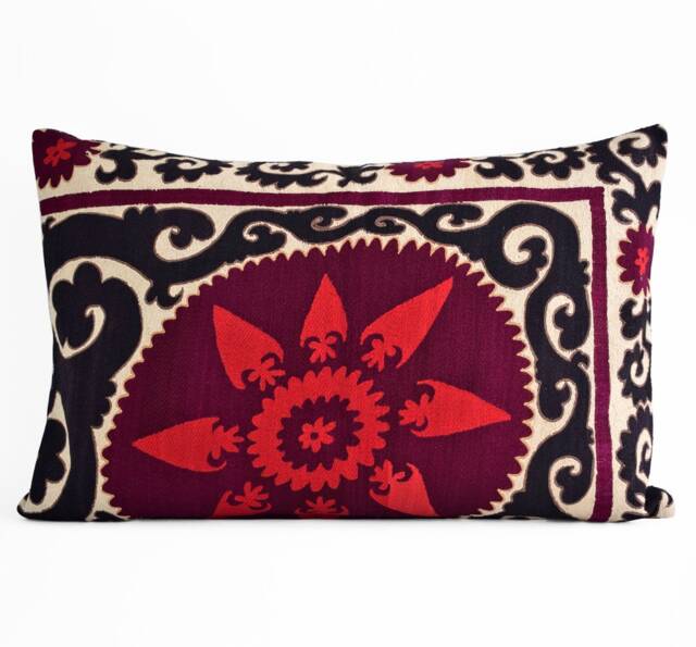 Vintage Hand Embroidered Suzani Pillow Cover Black & Red Lumbar - 18x27 - image 1