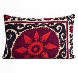 Vintage Hand Embroidered Suzani Pillow Cover Black & Red Lumbar - 18x27 - thumbnail 1