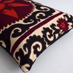 Vintage Hand Embroidered Suzani Pillow Cover Black & Red Lumbar - 18x27 - thumbnail 2