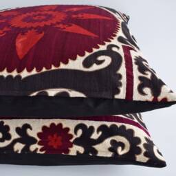 Vintage Hand Embroidered Suzani Pillow Cover Black & Red Lumbar - 18x27 - thumbnail 3