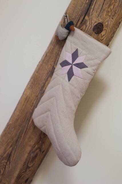 Ready To Ship Linen Quilted Christmas Stocking With Name Personalization Embroidery & Patchwork Star - image 1