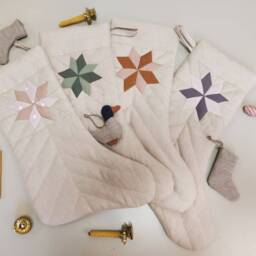Ready To Ship Linen Quilted Christmas Stocking With Name Personalization Embroidery & Patchwork Star - thumbnail 2