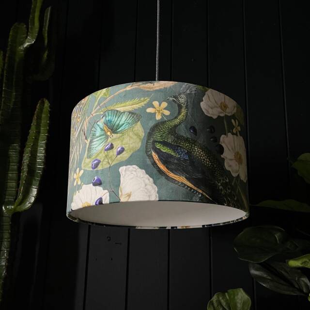 Emerald Mythical Plumes Velvet Peacock Lampshade - image 1