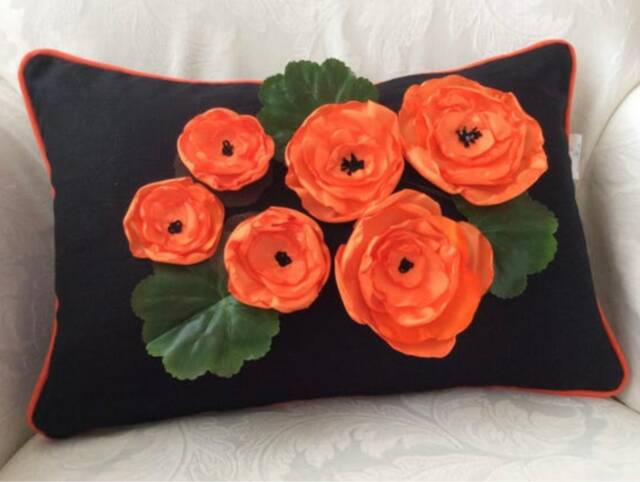 Orange Poppy Pillow Cover, Flower Pillow, Piped Pillow, Blue Gray Herringbone Wedding Accent Decorative Sofa - image 1