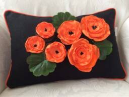 Orange Poppy Pillow Cover, Flower Pillow, Piped Pillow, Blue Gray Herringbone Wedding Accent Decorative Sofa