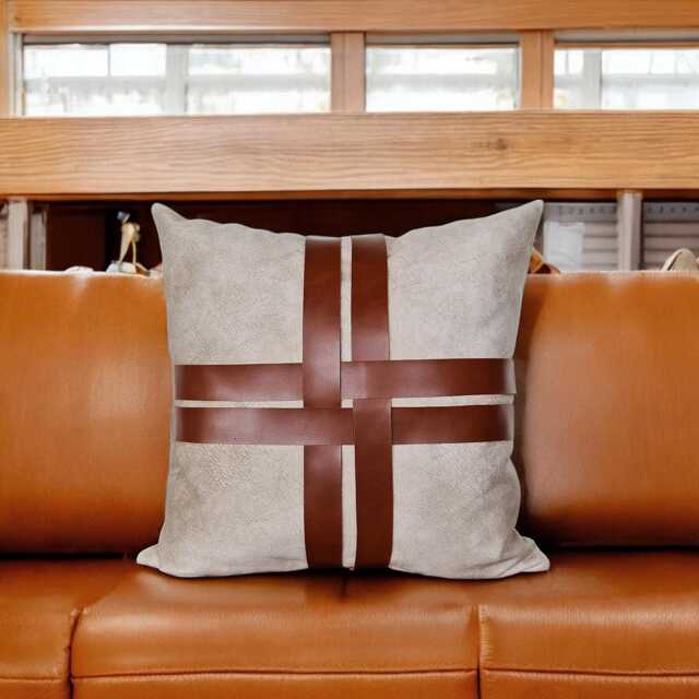 Cream Velvet Pillow Cover Cognac Faux Leather Cross Straps - image 1
