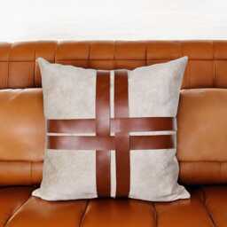 Cream Velvet Pillow Cover Cognac Faux Leather Cross Straps - thumbnail 2