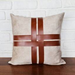 Cream Velvet Pillow Cover Cognac Faux Leather Cross Straps - thumbnail 3