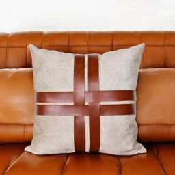 Cream Velvet Pillow Cover Cognac Faux Leather Cross Straps - thumbnail 4