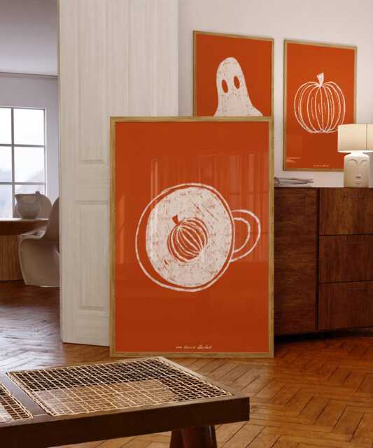 Pumpkin Spice Latte Art Print, Mid Century Modern Halloween Decor - image 1