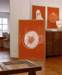 Pumpkin Spice Latte Art Print, Mid Century Modern Halloween Decor - thumbnail 1