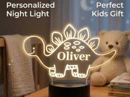 Personalised Dinosaur Night Light - Custom Name Led Lamp For Kids, Boys Bedroom Decor, Nursery & Birthday Gift - thumbnail 1