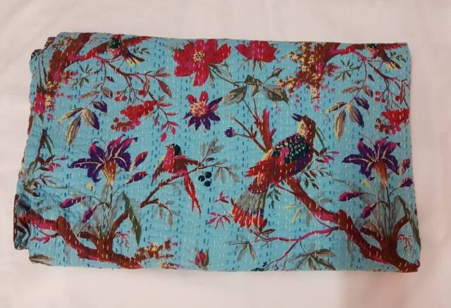 Indian Handmade Kantha Quilt New Beautiful Print Bed Cover Floral Throw Cotton Blanket Gudari - image 1