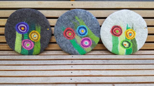Handfelted Seat Cushion With Grass & Flowers Fall, Gray - image 1