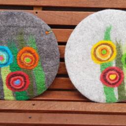 Handfelted Seat Cushion With Grass & Flowers Fall, Gray - thumbnail 3