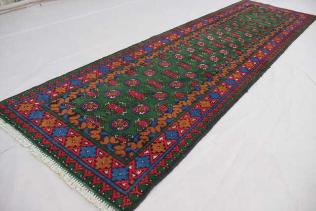 9 Ft Runner Rug, Green Red Natural Veg Dyes Afghan Handmade Wool Tribal Carpet, Turkmen Bukhara Hallway Runner, Kitchen - image 1
