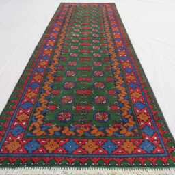 9 Ft Runner Rug, Green Red Natural Veg Dyes Afghan Handmade Wool Tribal Carpet, Turkmen Bukhara Hallway Runner, Kitchen - thumbnail 2