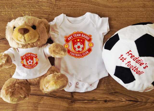 Any Team Badge Or Message Personalised Soft Toy Set Includes Football/Rugby Ball, Teddy & Bodysuit Tshirt - image 1