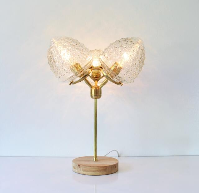 Modern Table Lamp, 3 Textured Glass Acorn Globe Shades, Industrial Brass & Wood Desk Wooden Base, Home Lighting Decor - image 1