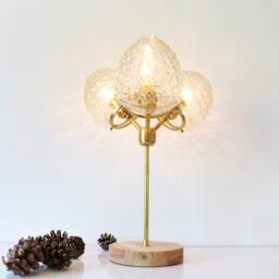 Modern Table Lamp, 3 Textured Glass Acorn Globe Shades, Industrial Brass & Wood Desk Wooden Base, Home Lighting Decor - thumbnail 2
