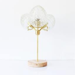 Modern Table Lamp, 3 Textured Glass Acorn Globe Shades, Industrial Brass & Wood Desk Wooden Base, Home Lighting Decor - thumbnail 3