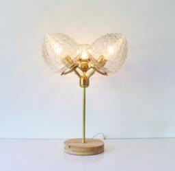 Modern Table Lamp, 3 Textured Glass Acorn Globe Shades, Industrial Brass & Wood Desk Wooden Base, Home Lighting Decor