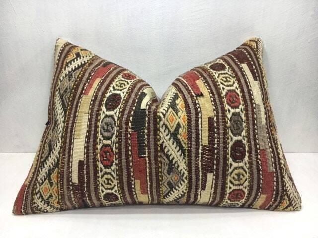 Vintage Handwoven Kilim Pillow, Turkish Bohemian Cushion Cover - 16x24 - image 1