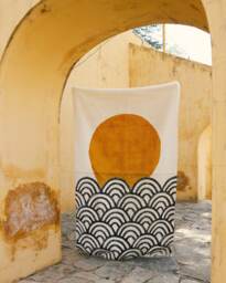 Hand Block Printed Cotton Rug Japanese Sun & Waves, 4x6 Dhurrie - thumbnail 1