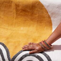 Hand Block Printed Cotton Rug Japanese Sun & Waves, 4x6 Dhurrie - thumbnail 3
