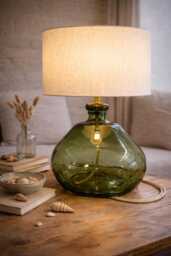 Handmade Olive Green Recycled Glass Table Lamp With Linen Flex - thumbnail 1