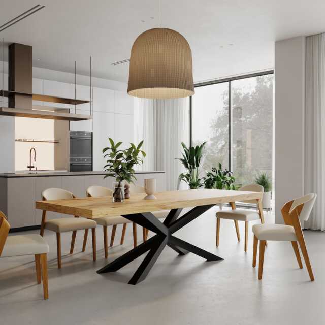 3 Inch Spider Dining Table Rustic Solid Wood Industrial Straight Edge Steel Base - image 1