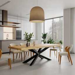 3 Inch Spider Dining Table Rustic Solid Wood Industrial Straight Edge Steel Base - thumbnail 1