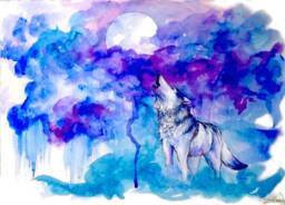 Wolf Watercolor Art Print Full Moon Nature Painting - thumbnail 1