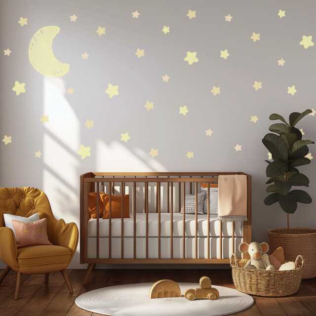Moon & Stars Wall Stickers Neutral Nursery Decals - Glow Style Decor Beige Celestial Baby Room Art - image 1
