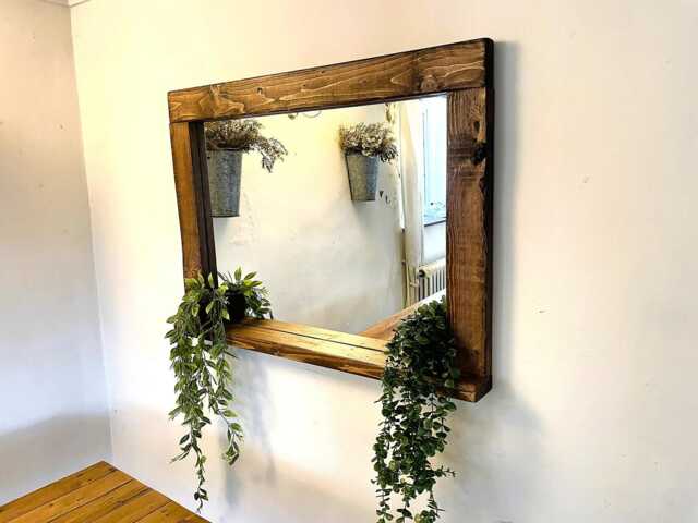 Rustic Wooden Mirror With Shelf - Weathered Wood Farmhouse Decor - image 1