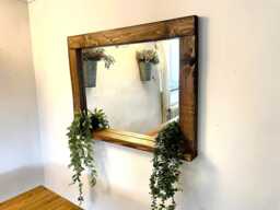 Rustic Wooden Mirror With Shelf - Weathered Wood Farmhouse Decor - thumbnail 1