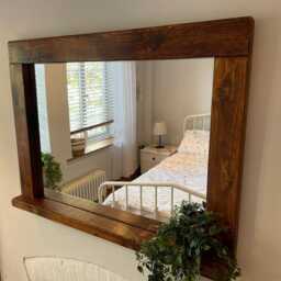 Rustic Wooden Mirror With Shelf - Weathered Wood Farmhouse Decor - thumbnail 4