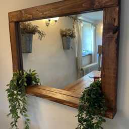 Rustic Wooden Mirror With Shelf - Weathered Wood Farmhouse Decor - thumbnail 3