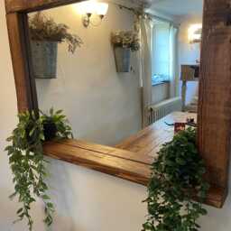 Rustic Wooden Mirror With Shelf - Weathered Wood Farmhouse Decor - thumbnail 2
