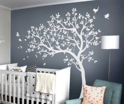 White Tree Decals Large Nursery With Birds Stunning White Wall Tattoos Mural Removable Vinyl Wall Sticker 032 - thumbnail 1