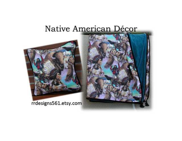 Indian Chief Pillow, Turquoise Velvet, Western D??cor, Buffalo Toss Pillow & Throw Blanket - image 1