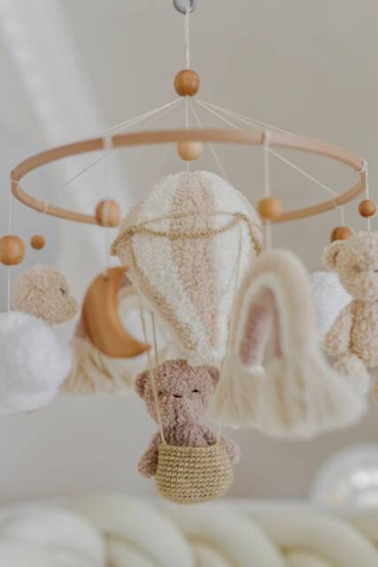 Wooden Mobile With Teddy For Newborn, Knitted Plush Toys , Rainbow White Clouds Wooden Crib Toy, Baby Shower Gift