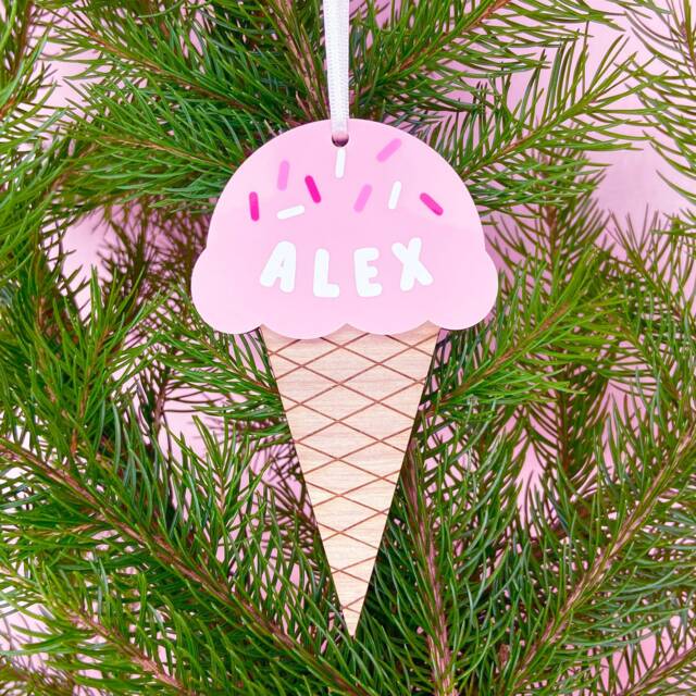 Personalised Ice Cream Christmas Tree Decoration - Handmade Bespoke Fun Quirky Pink Acrylic Wooden Baubles Unique Theme Colourful - image 1