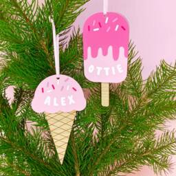 Personalised Ice Cream Christmas Tree Decoration - Handmade Bespoke Fun Quirky Pink Acrylic Wooden Baubles Unique Theme Colourful - thumbnail 2