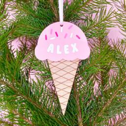Personalised Ice Cream Christmas Tree Decoration - Handmade Bespoke Fun Quirky Pink Acrylic Wooden Baubles Unique Theme Colourful