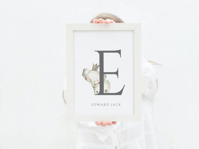 Children's Personalised Elephant Letter Print, Personalised Boy's Nursery New Baby Gift, Print, Boy's Print - image 1