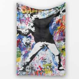 Masked Protester Throwing Paint Tin Graffiti Collage, Lightweight Comfortable Decorative Accent - Super Soft Fleece Blanket Bed Sofa Throw